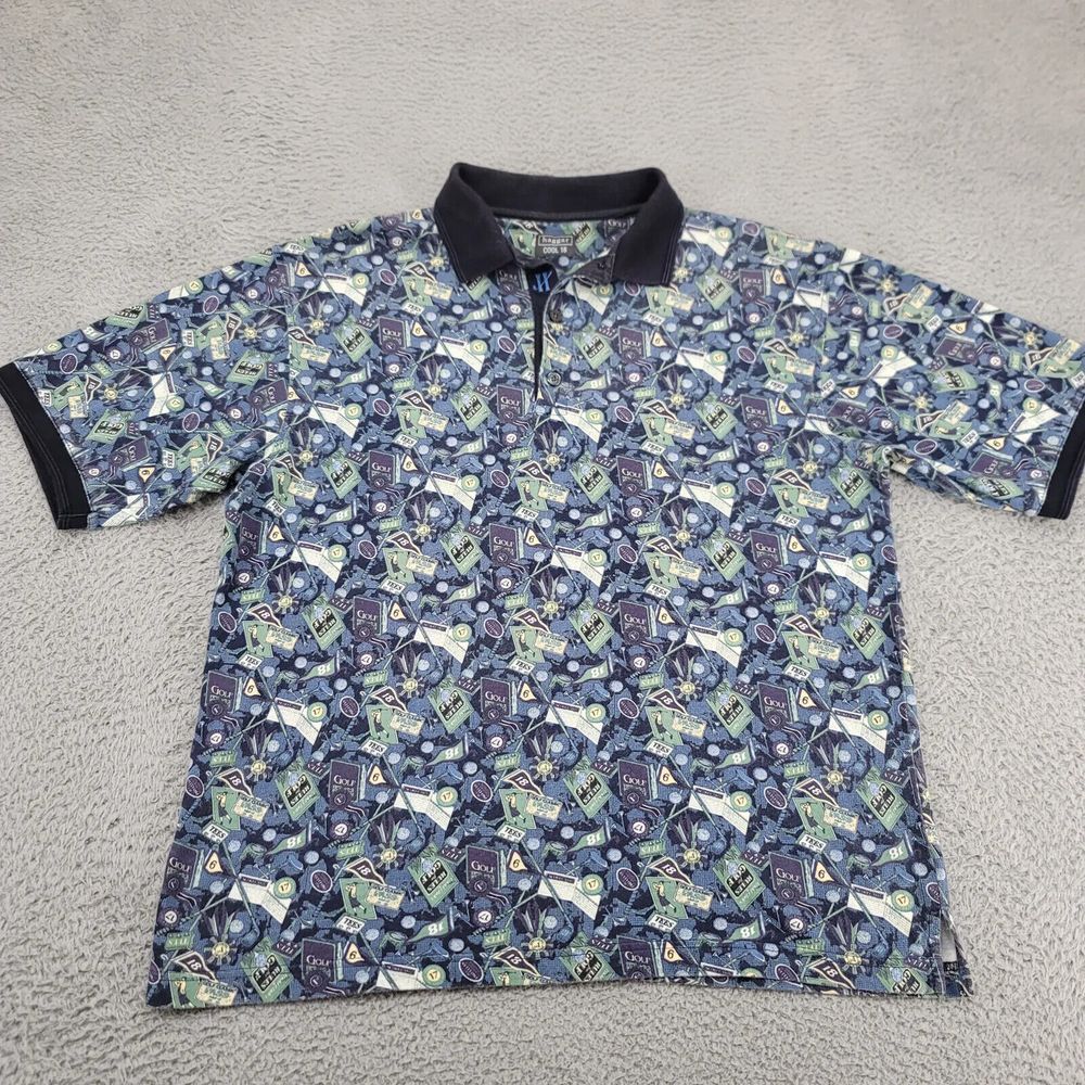Haggar Shirt Mens Large Blue Cool 18 Polo‎ Golf All Over Print Polo Outdoors